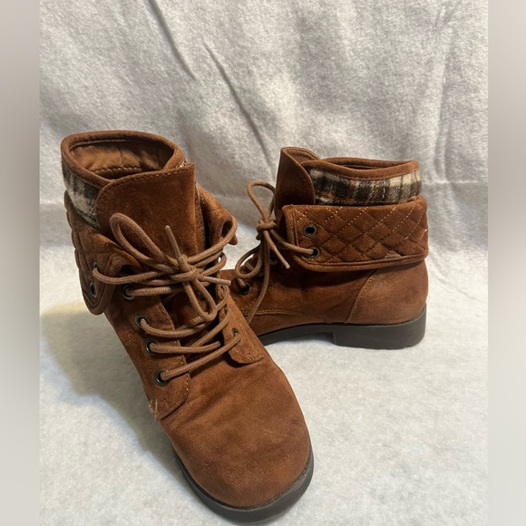 Brown fashion plaid winter booties lace up ankle boots - Picture 3 of 13